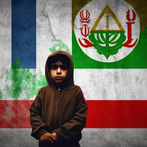 Prompt: Alone brown thick boy in the hood,and many police officers with iran flag emblem