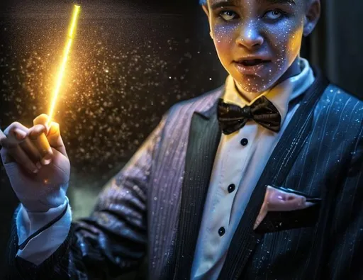 Prompt: 13 year old boy cast a crazy magic spell on someone inside the toilet stall with his magic wand from the outside. Only show the outside of the stall. Lots of sparkle magic from the magic spell spewing out from the top of the stall. Show the boy in the tuxedo with his magic wand casting the spell outside the stall 