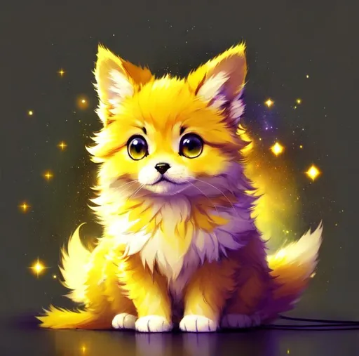 Prompt: Cute, yellow, fluffy, fantasy light puppy, with lighting, yellow eyes, yellow fur, and possessing the element of space and making circles of lighting stripes
 move around in the air in a magical way, in a space background. Perfect features, extremely detailed, realistic. Krenz Cushart + loish +gaston bussiere +craig mullins, j. c. leyendecker +Artgerm.