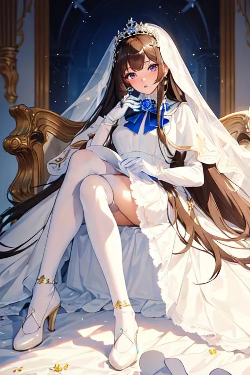 Prompt: (masterpiece), best quality, dull eyes, perfect face, 1girl, fifteen years old girl, long brown hair, long hair, brown eyes, white silk headdress, white veil, full body, white bridal gown with blue roses, white long gloves, white knee-socks, blue mary jane shoes, looking toward the viewer, demure expression, sitting on a throne, legs crossed, white neck covering chocker, latex chocker, yellow jewel on the chocker