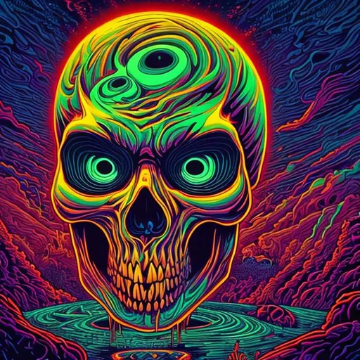 Prompt: Hypnotic illustration of a burning skull hypnotic psychedelic art by Dan Mumford, pop surrealism, dark glow neon paint, mystical, Behance