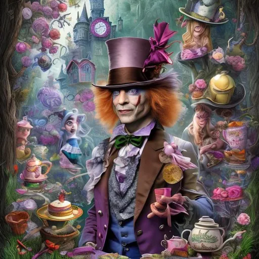 Prompt: Alice meets the Mad Hatter.  Digital art, fine detail, poster art