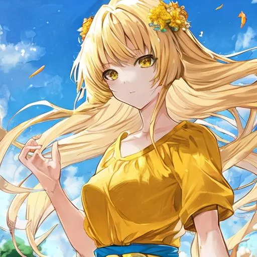 Prompt: a beautiful anime girl with blonde hair and a yellow shirt with flowers and a blue sky