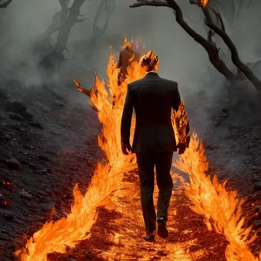Prompt: a man in a suit walking through fire