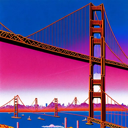 Prompt: Hiroshi Nagai, 80s city pop, poster art, Golden Gate bridge 
