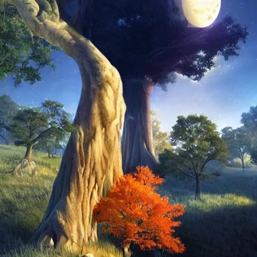 Prompt: image of an oak tree, majestic, giant, night-time, full moon, digital art, art by Stephan Martiniere, Trending on ArtStation