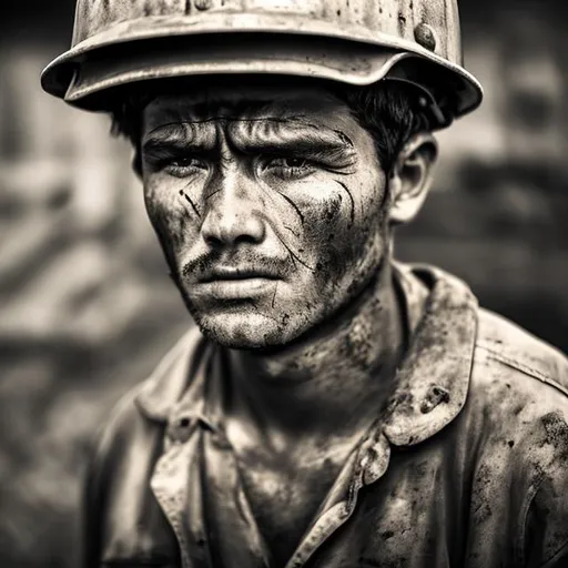Prompt: Worker in coal mine and he is tired and mugged