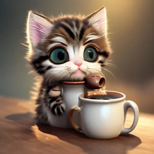 Prompt: A kitten drinking coffee realistic cute fluffy very cute and chibi eyes calm lighting