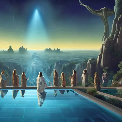 Prompt: wide view of jesus with apostles playing guitars, at an exotic rooftop infinity pool, infinity vanishing point, cthulhu background