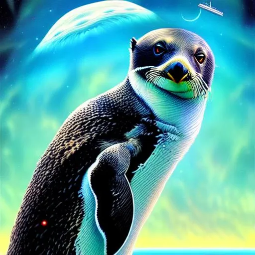 Prompt: Sea otter penguin hybrid in space holding a laser gun in the style of roger dean, wlop, artgerm, highly detailed , beak, intricate, digital art, wide angle, centered