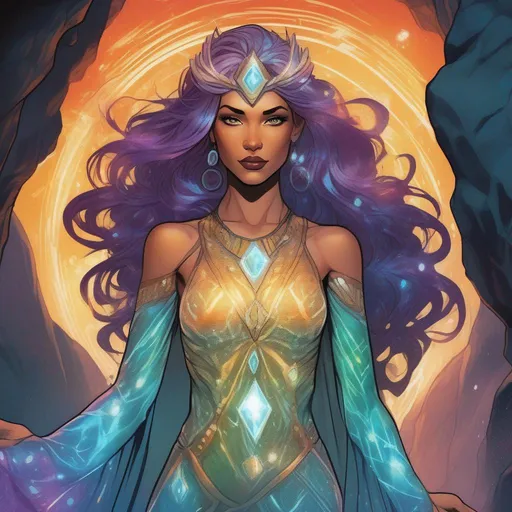 Prompt: A colourful and beautiful Persephone, in a beautiful flowing iridescent dress, with iridescent gems as her hair, with glowing tribal markings on her skin, in a cave. In a marvel comics style.
