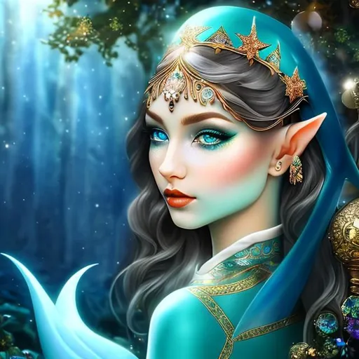 Prompt: An Elf-Merfolk, High-Quality, small ears, short ears, jewelry, cosmoid, noblewoman, perfect eyes, female, solid-colored eyes