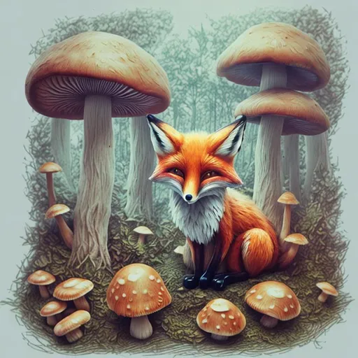 Prompt: fox, 3d rendering, soft light, mushrooms, forest elements on paper