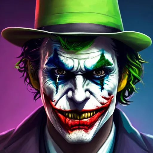 Prompt: colored Portrait of {Joker} with hat and with cute face not smiling, 
 serious {background}, perfect composition, hyper realistic, super detailed, 8k, high quality, trending art, trending on artstation, sharp focus, studio lighting, intricate details, highly detailed, frontal facing the camera