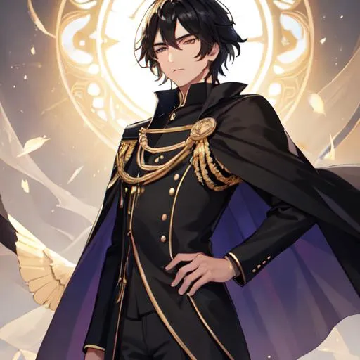 Prompt: buetiful man with a black uniform and whithe hairs a cicatrice and a magic cape