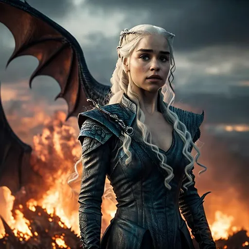 Prompt: Daenerys Targaryen - experiencing an intensified emotional state characterized by heightened levels of anger and deep-seated concern. This state of mind is further amplified by the haunting backdrop of a city engulfed in flames, reduced to a mere ashen wasteland. Background: (((the dragon))) the burning ruins of a city. Extremely detailed, dynamic pose, film-like matte background, intricate motifs, thin, organic lines. perfect composition, 3D models CGI