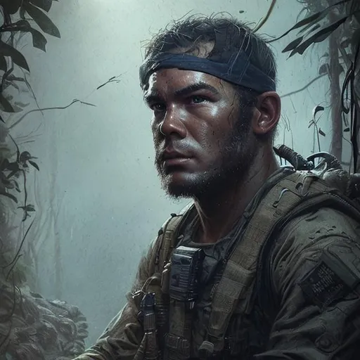 Prompt: Portait navy seal man under 25 years old and young face,digital art,ultra realistic,ultra detailed,art by greg rutkowski,detailed face,hyperdetail,photorealistic,professional lighting,cinematic,dramatic,3 point lighting
Landscape indonesia dessert jungle in the dark, with fog and dark theme 