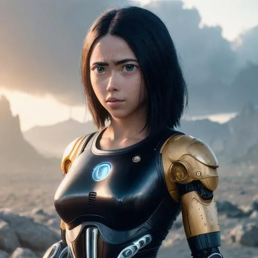 Prompt: alita, full body,brow eyes ,perfect composition, render trending on artstation, 8 k artistic photography, photorealistic concept art,natural volumetric cinematic perfect light, robotic ,black hair, Digital illustration, gorgeous ,perfect composition, render trending on artstation, 8 k artistic photography, photorealistic concept art, natural volumetric cinematic perfect light,cyborg