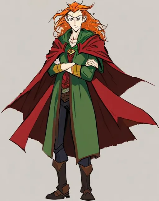 Prompt: a tall and lanky figure with wild red-ish blonde hair, green eyes, a dark cloak, and a bit of a round head. in the style of Marvel. More of an animated look.