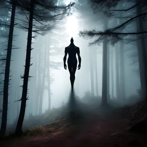 Prompt: grey alien in a dark forest at night.