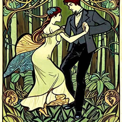 Prompt: man and woman dancing in a forest clearing, art nouveau style