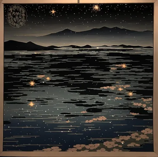 Prompt: Beautiful reflect of the North Star on a long pool in a japanese style 
