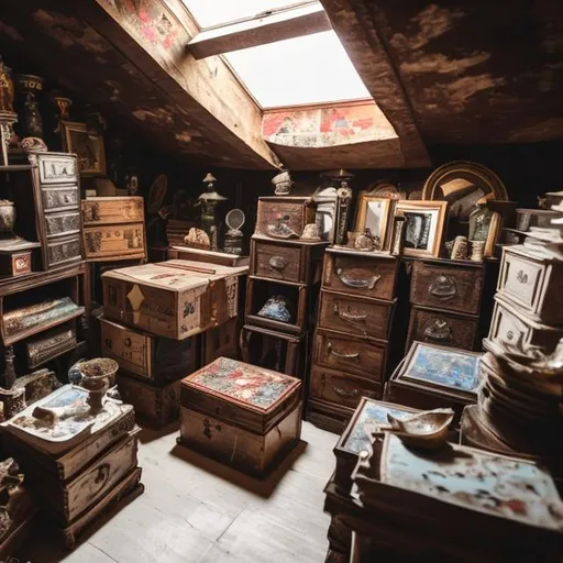 Prompt: an old attic with brown moving boxes and crates on the ground with antiques around them including paintings, antique china, antique porcelain, tea cups,  books and vases.