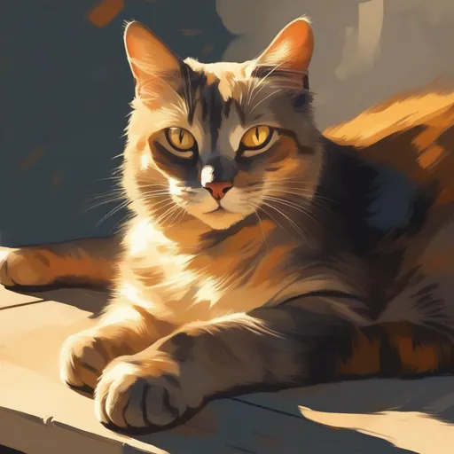 Prompt: cat resting on table, in a patch of sun in a painted style