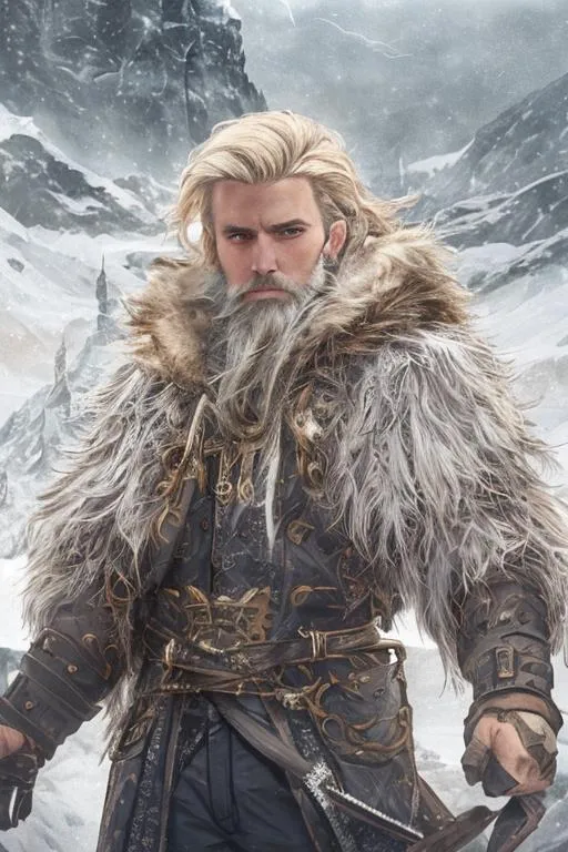 Prompt: Full body portrait of an Russian male {character} with short scruffy blonde hair and with heart-shaped face, gray eyes, blonde beard, perfect composition, snowy mountains, lightning, hyperrealistic, super detailed, 8k, high quality, trending art, trending on artstation, sharp focus, studio photo, intricate details, highly detailed, by greg rutkowski