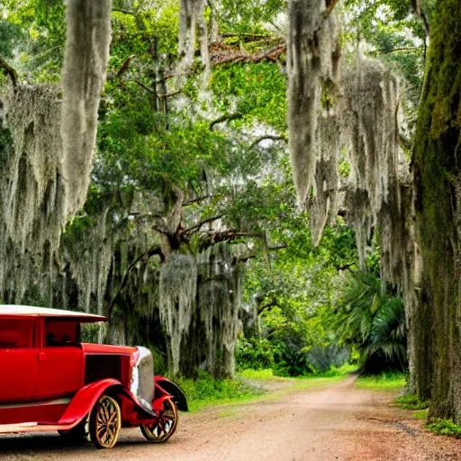 Prompt: A woman stands by the side of an old 1920s antique car on a dirt road in the forest. Spanish moss hangs from the trees. Everything is lush and green, flowers everywhere.  The car is red. The woman is in a fancy dress looking like she has just come from a party. She is alone. She is frightened. Something watches her from the forest. The atmosphere is foreboding.








 












