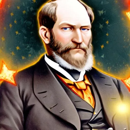 Prompt: a zoomed in picture on president James Garfield. He is a super hero of America. His eyes are glowing red and blue with lasers. Light and super powers of heroes around him