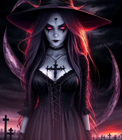 Prompt: Horror, twisted, scary, ominous, cinematic, 3D, HD, Beautiful!! {female}Witch, detailed gorgeous face, Beautiful big {heart-shaped}reflective eyes, long flowing hair, expansive cemetery background, sunset, hyper realistic, 16K --s98500