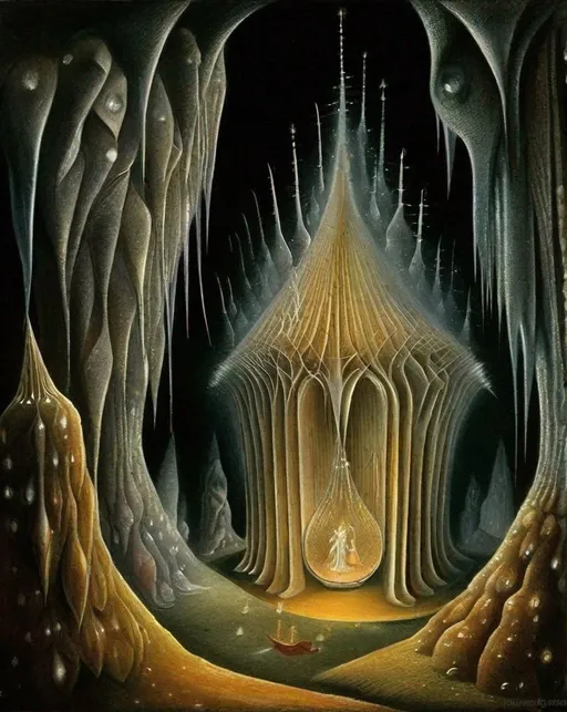 Prompt: "((UnderWorld Magic))" at midnight, in a mystical underground chamber filled with glowing crystals. The scene exudes otherworldly enchantment. In the style of Remedios Varo