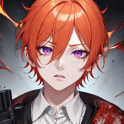 Prompt: Erikku male adult (short ginger hair, freckles, right eye blue left eye purple) UHD, 8K, Highly detailed, insane detail, anime style, covered in blood, psychotic, pointing a shotgun straight at the camera