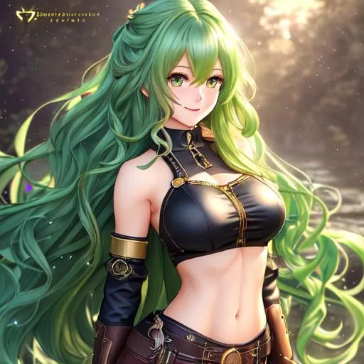 Prompt: extremely realistic, hyperdetailed, extremely long green wavy hair anime girl, blushing, smiling happily, wears steampunk clothing, toned body, showing abs midriff, highly detailed face, highly detailed eyes, full body, whole body visible, full character visible, soft lighting, high definition, ultra realistic, 2D drawing, 8K, digital art