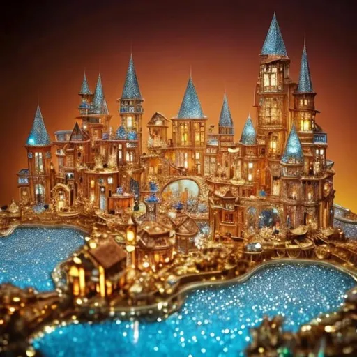 Prompt: Close caption of a fantasy world of a city of lights with the houses made from gold, diamonds, crystals and other Sparkly materials. Make it more transparent and blue like.