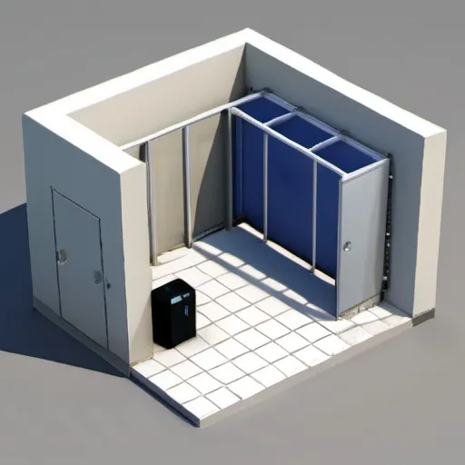 Prompt: Isometry of a two-room cold room with a door for each room and placed side by side, measuring 3.5 meters wide x 2.5 meters deep and 2.5 meters high.