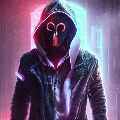 Quality, detailed, 8k, cyberpunk, hooded figure, glo...