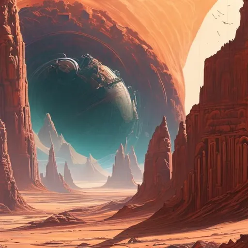 Prompt: A mechanical and futurist planet with green hazy skies, copper sands, and shallow basalt canyons. In the canyons there are cities that jut out into the sky.
