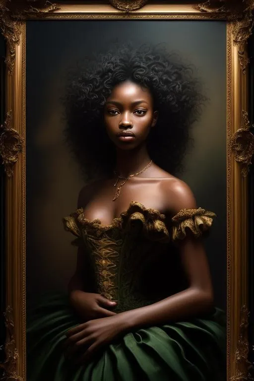 Prompt: Masterpiece Oil Painting, dramatic, Chiaroscuro, with Photo-realistic detail with an ultra realistic, UHD, sharp, focused, 64k resolution. Full-body painting of beautiful black Asian black 19 year old male, curly long hair, green and black dress with ruffles, red flowers falling, anatomically perfect, golden ratio, highly detailed and intricate, elegant, soft, mysterious, bioluminescent, ethereal, luminous, glowing, dark contrast, celestial, ribbons, trails of light, 3D lighting, soft light, vaporware, volumetric lighting,(wearing intricate clothes) golden filigree details and ornamental pauldrons,, hyper-realistic ultra-detailed 