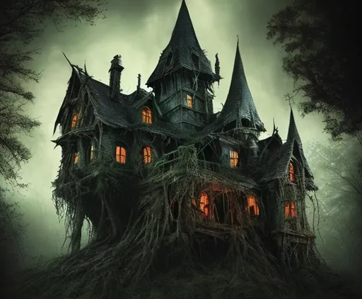 Prompt: Somewhere deep in the forest, a pair of lost, very frightened children have stumbled across an extremely terrifying looking house with a foundation that sits on four huge chicken-legs, & a horrifying witch looks out at them from an upstairs window of the house.
Photo quality 3D, sinister, horror