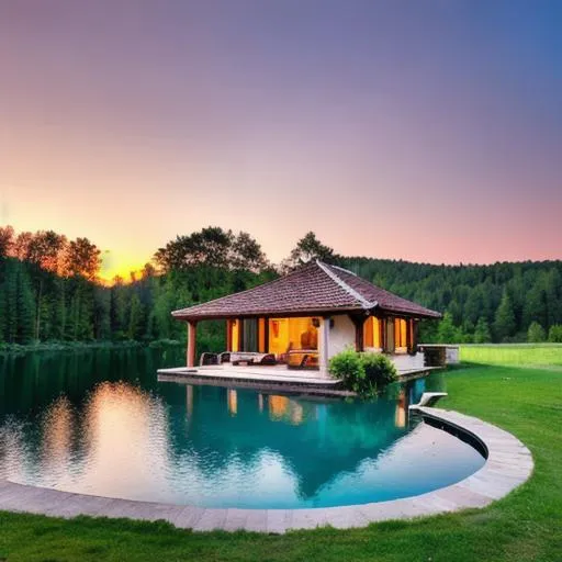 Prompt: Small villa with veranda. A small lake. A Northern European Forest. Sunset