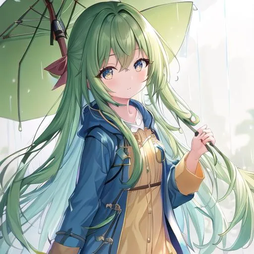 Prompt: (masterpiece, best quality:1.2), illustration, absurdres, highres, extremely detailed, 1 (petite) girl, Blue long hair, golden eyes, eye highlights, (green raincoat), depth of field, (:d:0.8), chromatic aberration abuse, pastel color, Depth of field, facing camera, raining, happy, wearing raincoat, dress