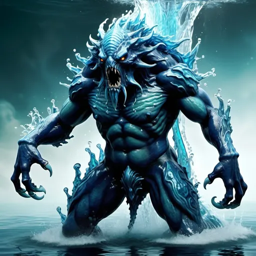 Prompt: Water elemental creature in Warhammer fantasy RPG style, realistic water texture, towering aquatic figure, detailed aquatic features, intense and dynamic pose, high quality, intricate detail, fantasy art, vibrant aquatic colors, dramatic lighting, realistic water effects, towering presence, powerful and intimidating, RPG style, best quality, highres, intricate detail, fantasy, vibrant colors, dramatic lighting