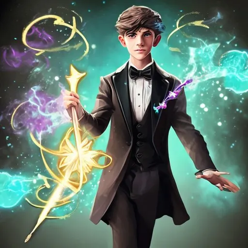 Prompt: Three 13-15 year old magic boy in a tuxedo casting magic spells  with a magic wand