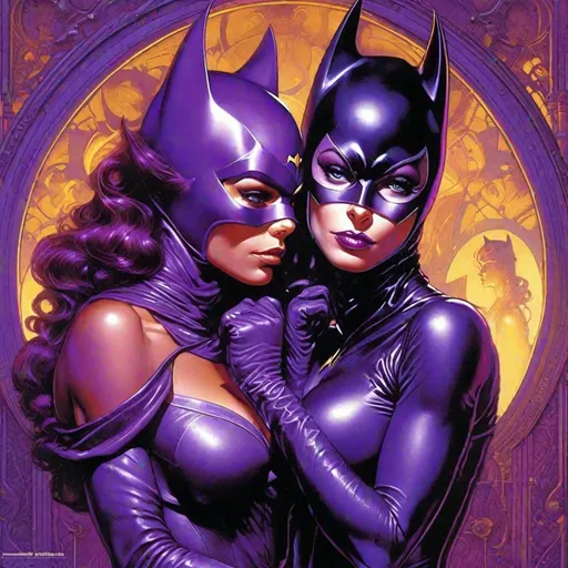 Prompt: "Purple Batgirl and purple Catwoman embracing :: by Mark Brooks Julie Bell Boris Vallejo Dan Mumford Norman Rockwell, Alphonse_Mucha, Luis_Royo. Complex, Rococo, perfect_hands, athletic_physique, highly_detailed (((purple))), open eyes, perfect_fingers, big_eyes open, dynamic_lighting, purple wallpaper background :: Cinematic_lighting, 8K_resolution, bokeh"
"Red green white black blue signature :: watermark :: sign :: amateur :: ugly :: flat :: cartoon :: 2d :: drawing :: disfigured :: bad art :: deformed :: poorly drawn :: extra limbs :: dull colours :: blurry :: boring :: sketch :: lacklustre :: repetitive :: cropped :: blender :: unreal :: tiling :: out of frame :: cut off :: draft :: grainy :: undeveloped"