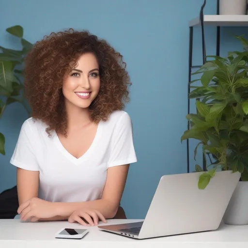Prompt: An attractive 35 year old woman with very curly hair, elegant, large eyes, modern, stylish makeup, full body view, white tshirt and blue jeans, happy, smiling, (erotic), posing, computer table, plants, studio background