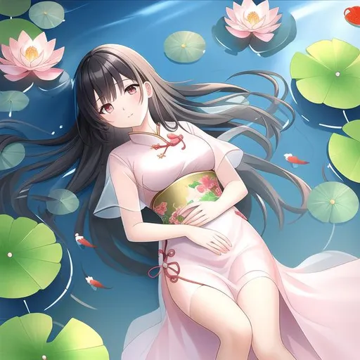 Prompt: young chinese woman lying on her back in a pond with water rushing onto her, anime style, light colored (hanfu dress), (light pink), (lily pads), (clear water), koi fish,  cool lighting, smooth (stones), calm, peaceful, carps, beautiful, shallow water, grey pebbles, plants, youthful, (cute), beautiful, mystical