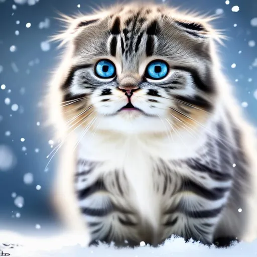 Prompt: paraloid photography of a Scottish Fold kitten smiling, winter, soft lighting, HDR, UHD, 64k,