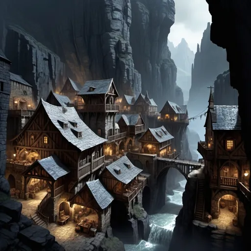 Prompt: Warhammer fantasy RPG town nestled in a deep gorge, omnious sky, dark night, raining, eerie atmosphere, various buildings, mining town, rugged and weathered stone buildings, sprawling marketplace bustling with activity, towering cliffs on either side, dramatic lighting with harsh shadows, gritty and realistic, earthy tones, highres, detailed architecture, bustling marketplace, dramatic lighting, rugged stone buildings, fantasy RPG, gorge setting, sprawling town, weathered structures, dark blue tones